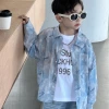 New Spring Korean children's clothing for kids and boys, blue tie-dyed washed cotton loose long-sleeved shirt jacket Specification image
